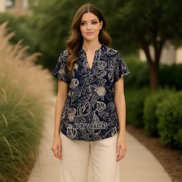 Melloday Navy Floral Leaf Print Jersey Split Neck Short Sleeve Blouse Size S - Picture 1 of 11